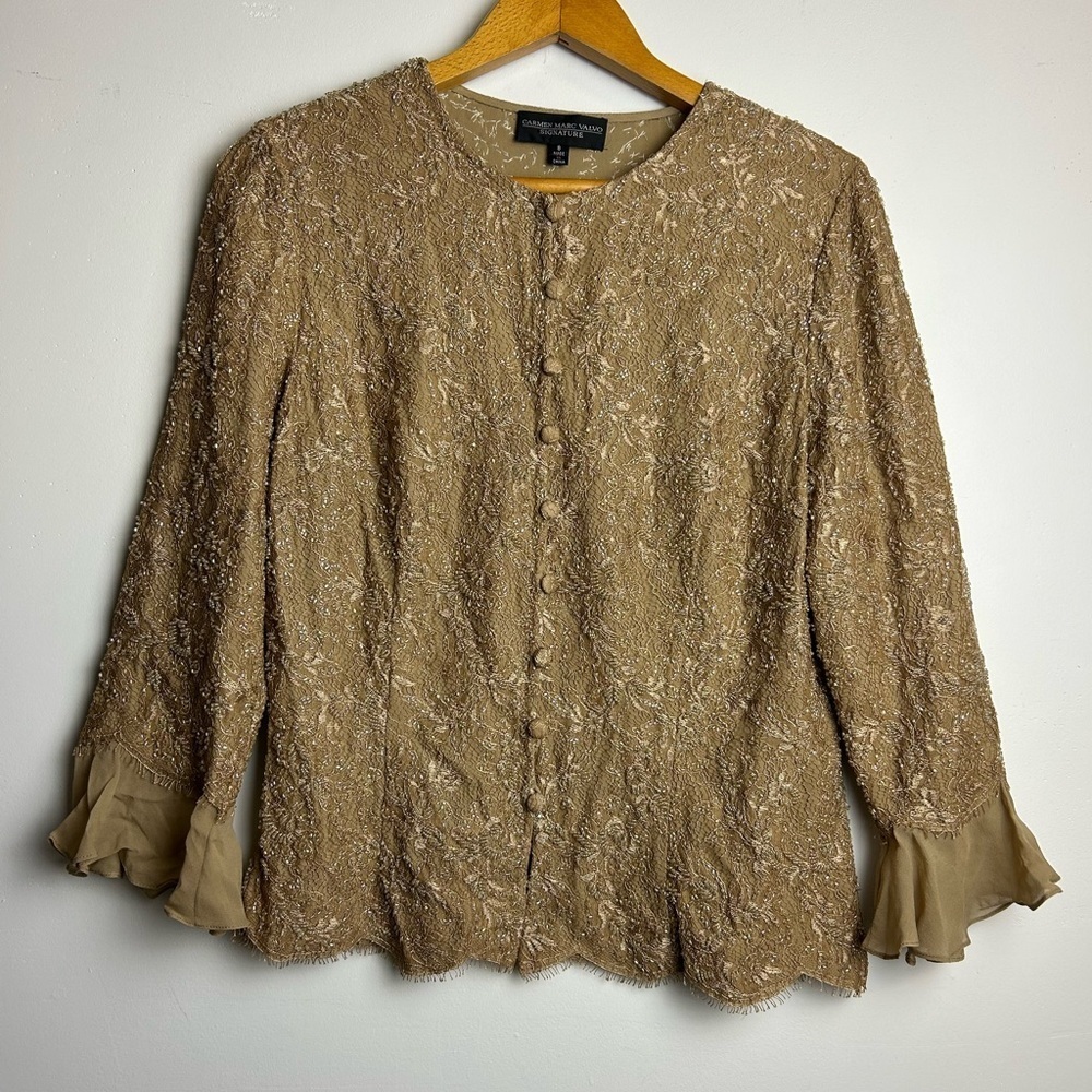 VTG Y2K Carmen Marc Valvo Cardigan Jacket 8 Beaded Button up 100% Silk BrownGold